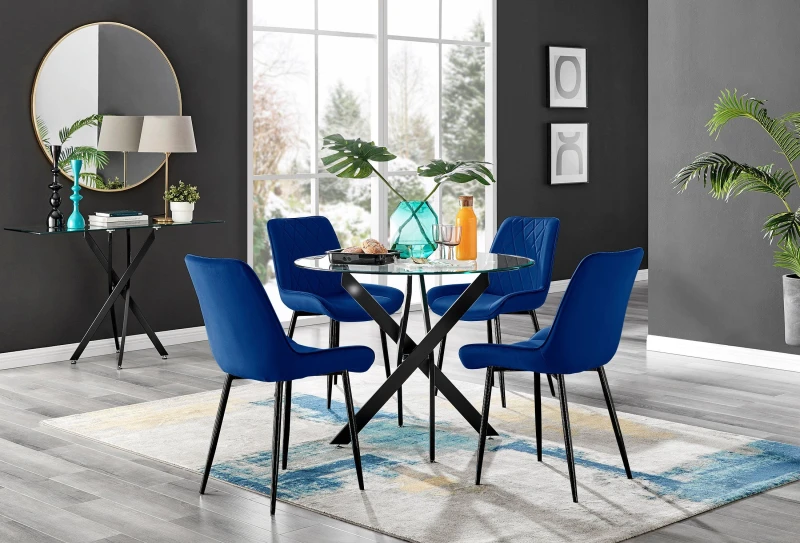 Image of FurnitureboxUK FurnitureboxUK Novara 4 Seater Black Leg Round Glass Dining Table & 4 Pesaro Soft Velvet Black Leg Chairs in Navy Navy One Size Unisex