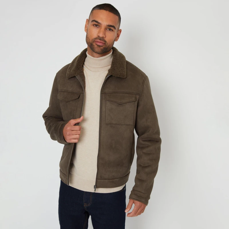 Image of Threadbare Threadbare Men 'Olpherts' Faux Suede Borg Lined Aviator Jacket in Khaki Size: large Khaki L Male 7625915020948