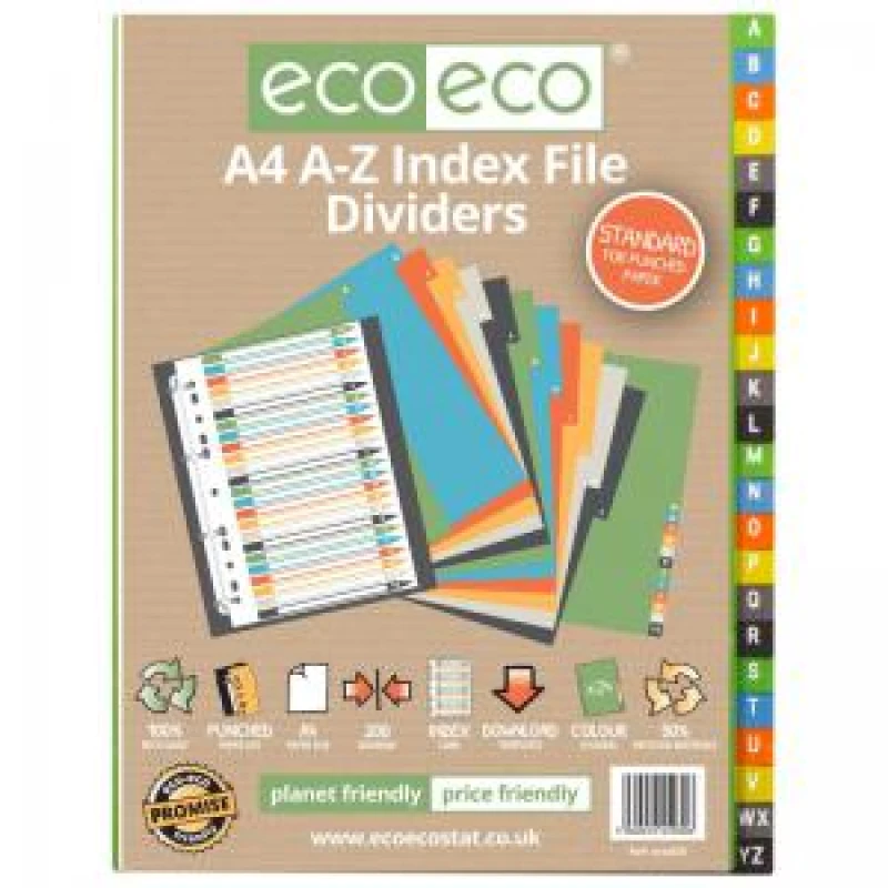 Image of Eco Eco Mutlicolour 50% Recycled Index Dividers A4 24 A-Z eco030-S
