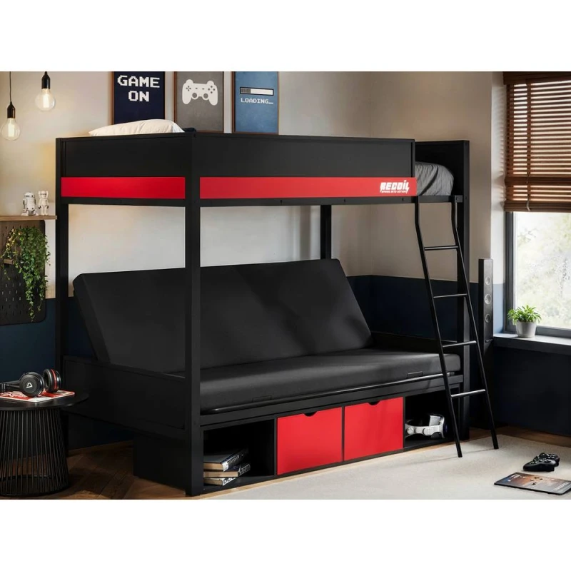 Image of Flair Nova Storage Gaming Metal Bunk with Futon Black & Red Size: Single Black Unisex Single