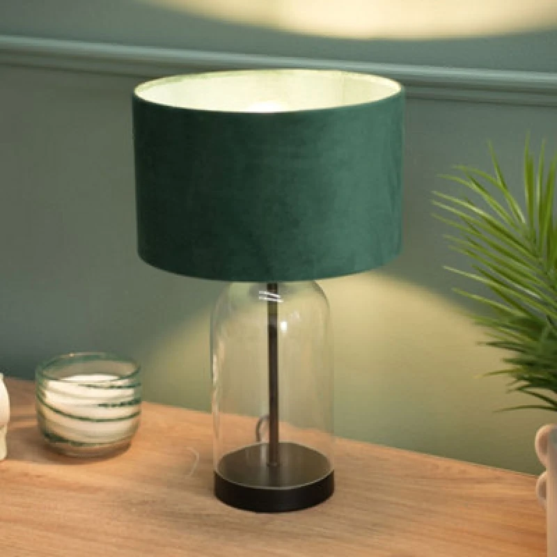 Image of ValueLights Jessy Black Glass Table Lamp With Forest Green Velvet Shade Black