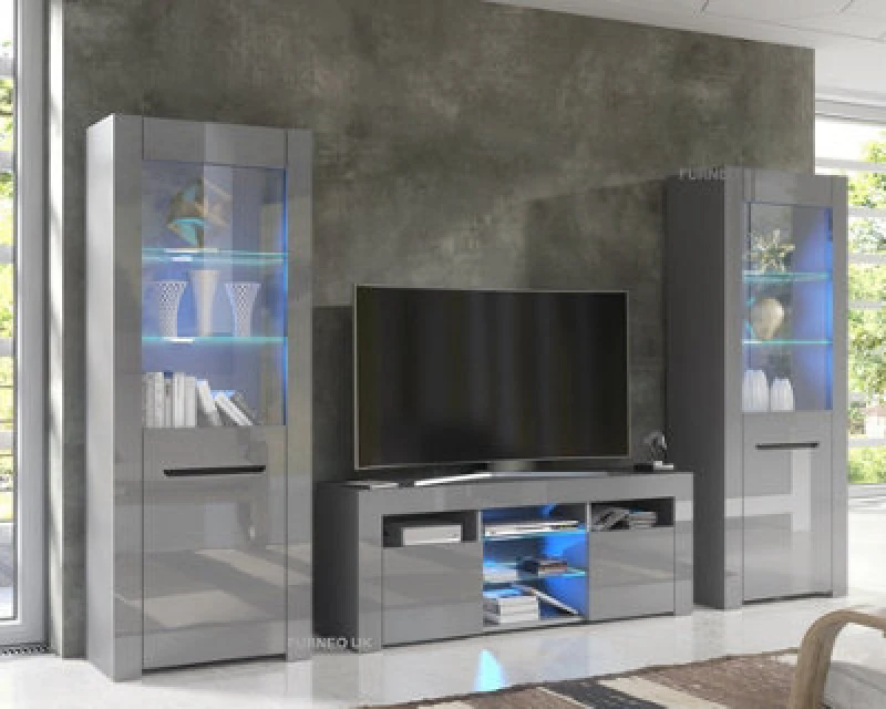 Image of Furneo High Gloss & Matt Grey Living Room Set TV Stand Display Cabinets Milanog Blue LED Lights