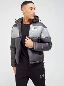 Image of EA7 Emporio Armani Mountain Colour Block Hooded Padded Jacket - Black, Size S, Men