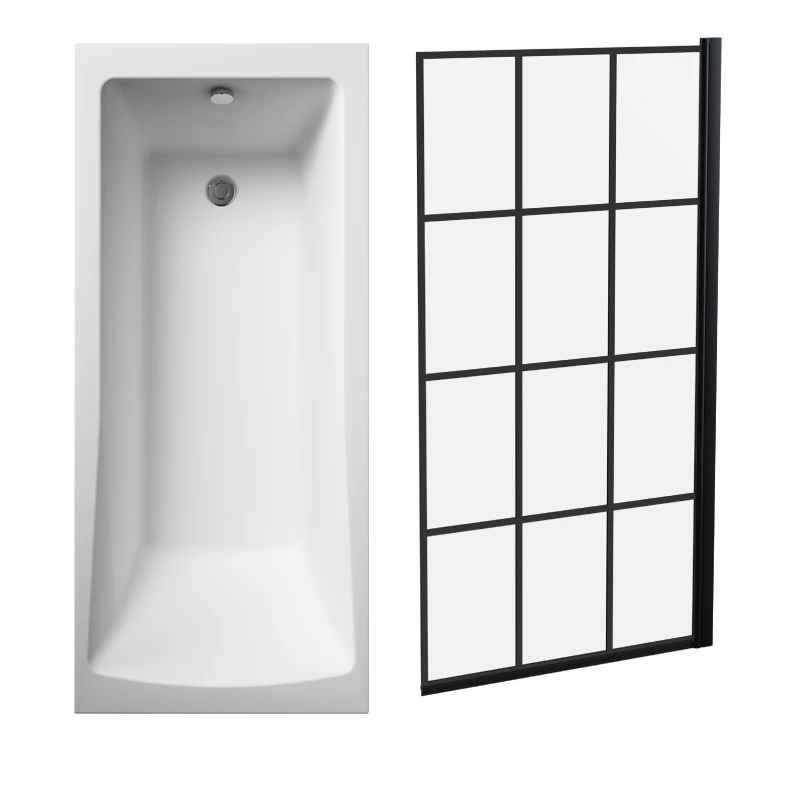 Image of Balterley Square Single Ended Bath and Framed Black Bath Screen 1700 x 700mm Black