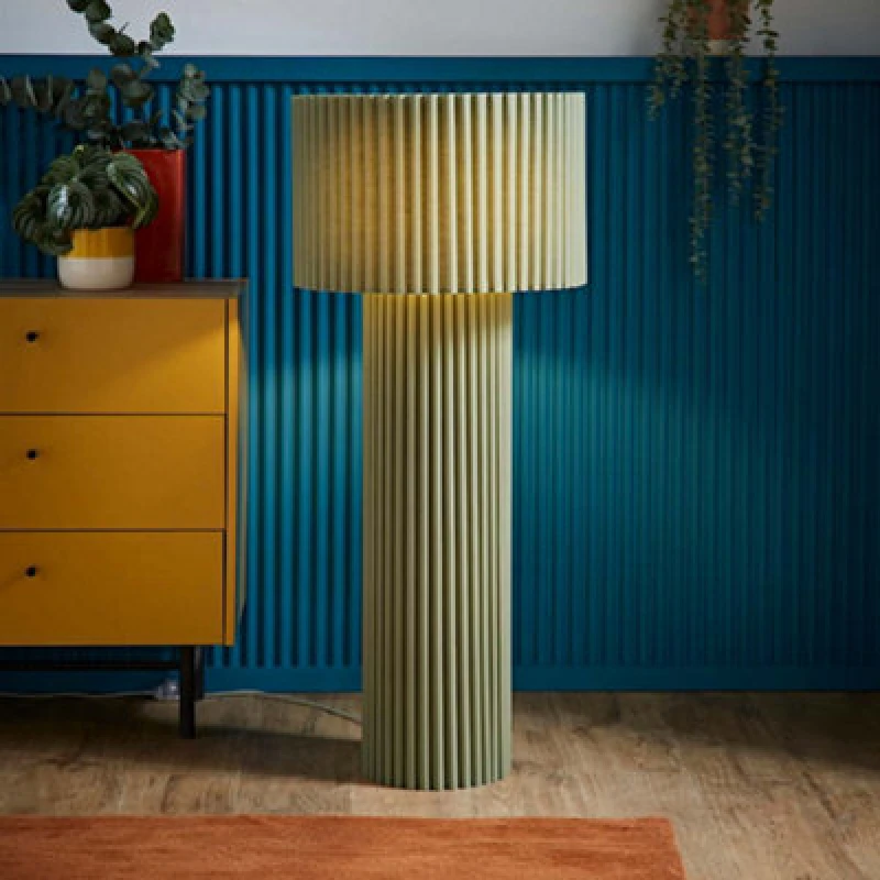 Image of ValueLights ValueLights Lenny Drum Lamp Shade Colour Drench Ribbed Full Fabric Midi Floor Lamp in Pale Green Pale Green One Size Unisex 5016529272267