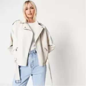 Image of Missguided Faux Leather Oversized Boyfriend Biker Jacket - Cream