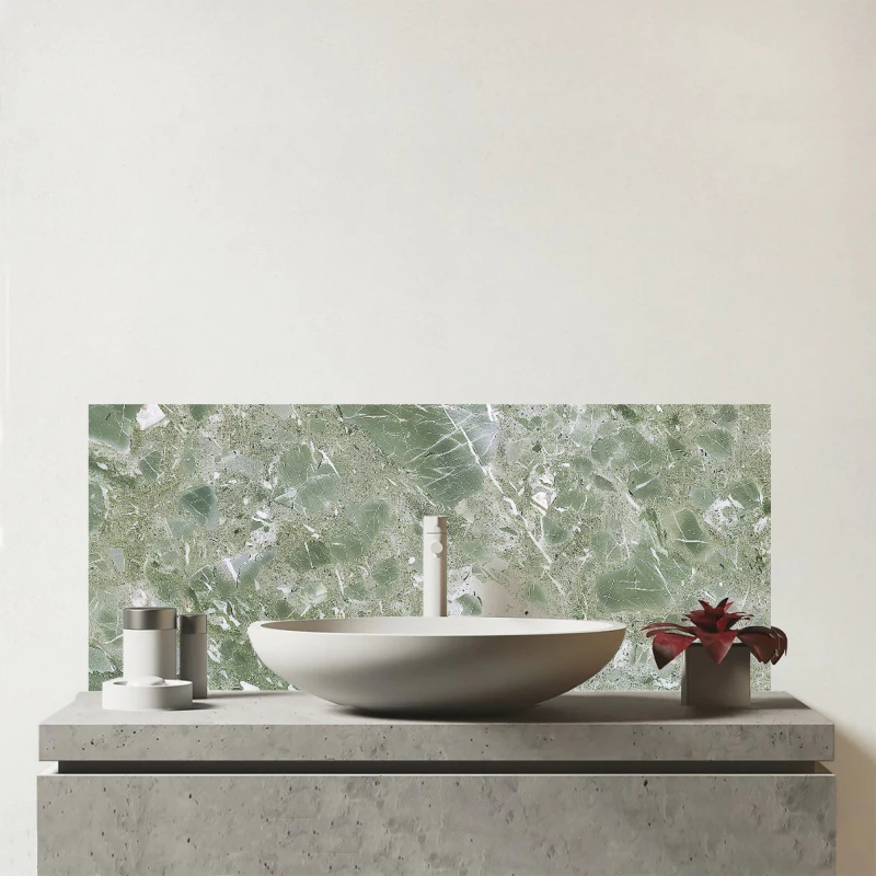 Image of Warren Reed - Designer Pale Green Quartz Effect Glass Bathroom Splashback Green Unisex