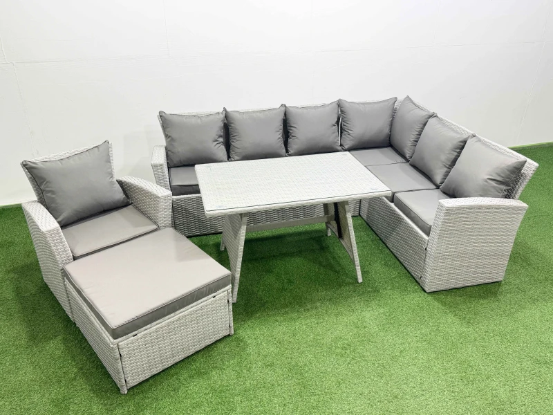 Image of Fimous 8 Seater Garden Outdoor Rattan Furniture Set Rattan Corner Sofa in Light Grey Light Grey Unisex