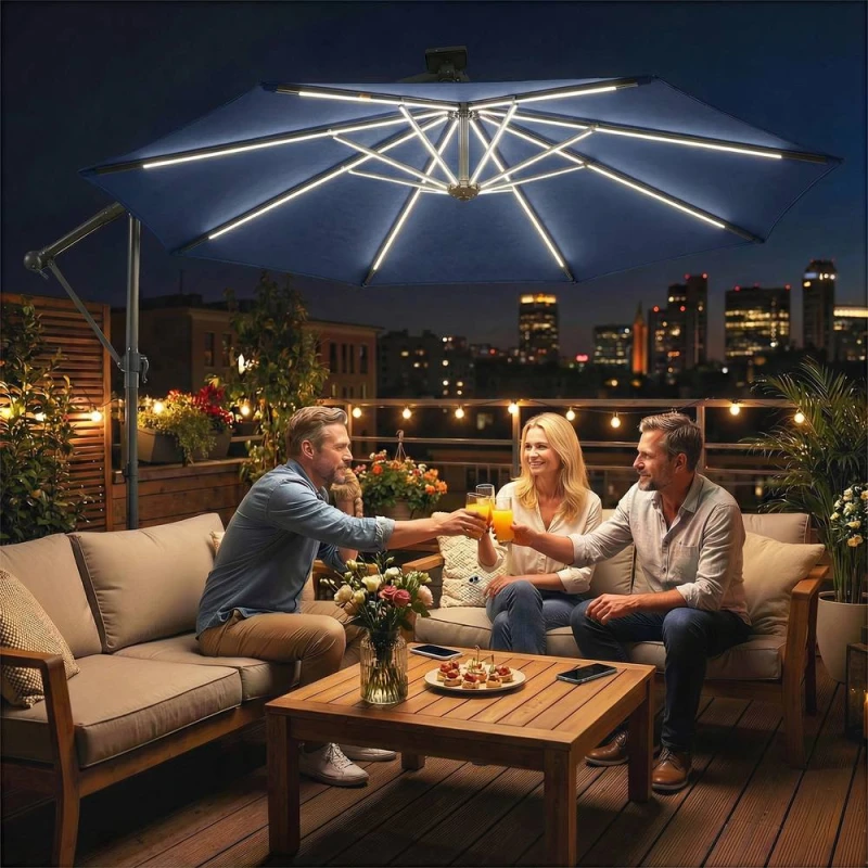 Image of OUTSUNNY 3m Garden Cantilever Parasol with Solar Light, Rotation in Blue Size: 3m x 3m Blue Unisex 3m x 3m