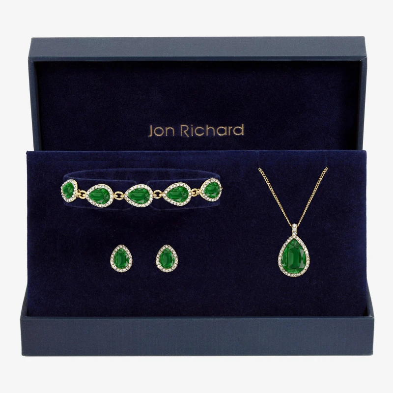 Image of Jon Richard Emerald Pear Drop Trio Set - Gift Box Gold female One Size
