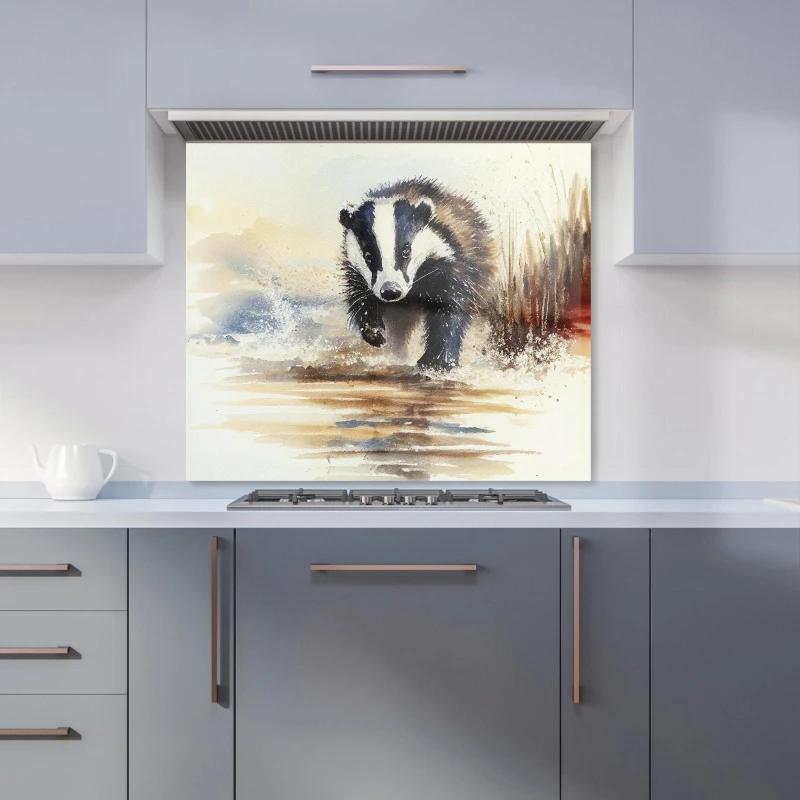 Image of Warren Reed - Designer Wading Badger Watercolour Kitchen Splashback in Brown Size: 700mm x 650mm Brown Unisex 700mm x 650mm
