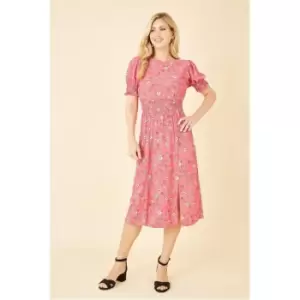 Image of Mela London Pink Floral Ruched Waist Midi Dress - Pink