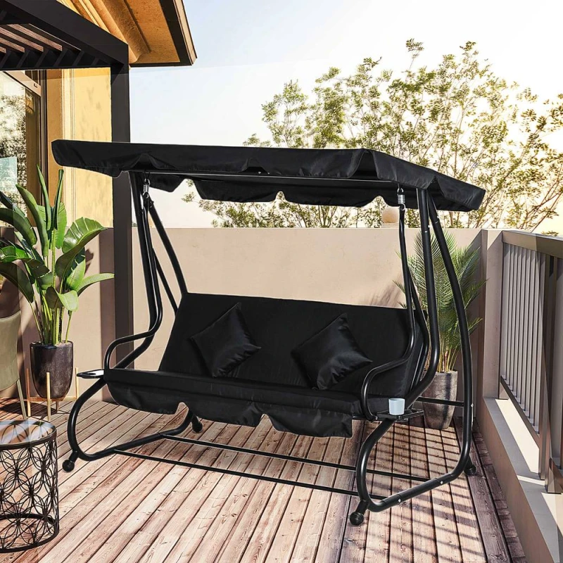Image of Outsunny 2-in-1 Garden Swing Chair for 3 Person w/ Adjustable Canopy Black 84A-050BK