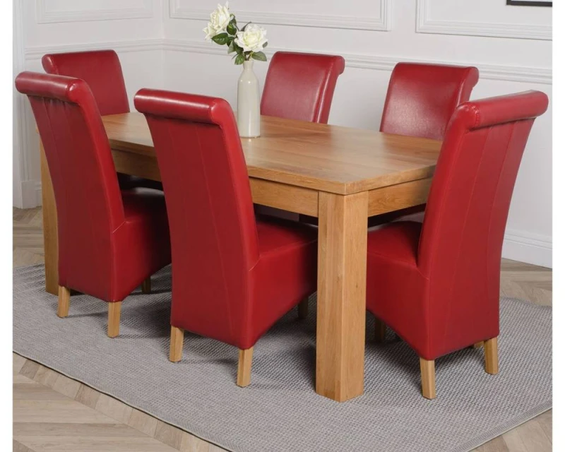 Image of Thats Furniture Dakot 182 x 92cm Oak Large Dining Table & 6 Montana Leather Chairs in Red Size: 182 x 92cm Red Unisex 182 x 92 cm