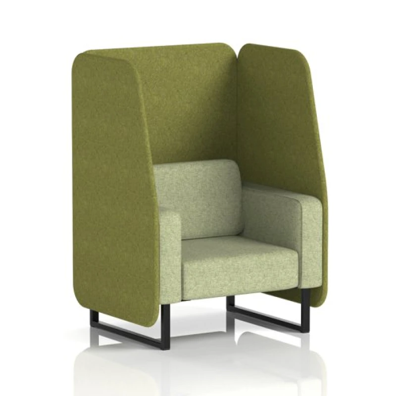 Image of Brixworth 1 Seater Open Office Booth with Black Legs in Rivet Fabric - Olive Panels and Burnish Sofa