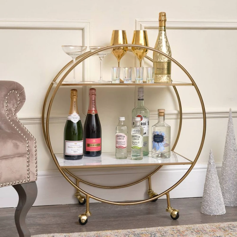 Image of Melody Maison Gold & Marble Round Bar Cart Drinks Trolley Gold
