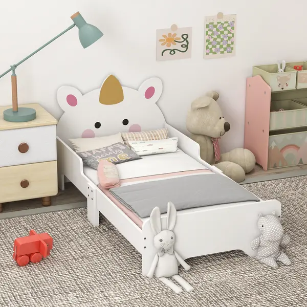 Image of ZONEKIZ Unicorn-Designed Toddler Bed Frame, for Ages 3-6 Years, 143 x 74 x 67cm - White White