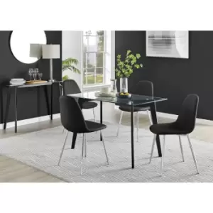 Image of Furniturebox Malmo Rectangular Glass and Black Wooden Leg Modern Industrial Dining Table & 4 Black Corona Faux Leather Dining Chairs with Silver Legs