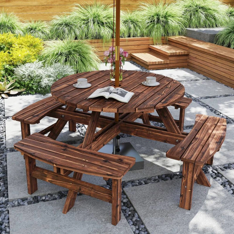 Image of Outsunny Wooden Garden Dining Set With Parasol Hole For Outdoor, Tan