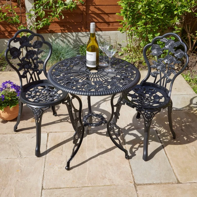 Image of Home Source Rose Floral Outdoor Garden Patio Bistro Set Black