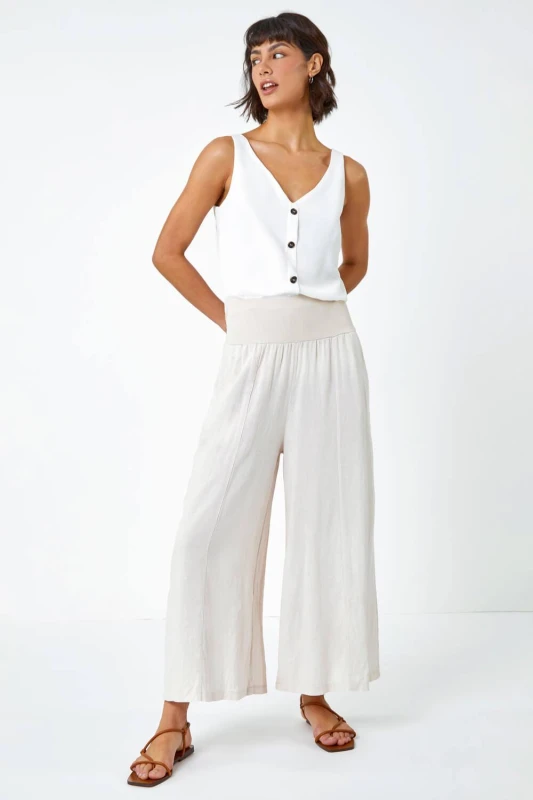 Image of Roman Linen Blend Stretch Waist Culottes Natural