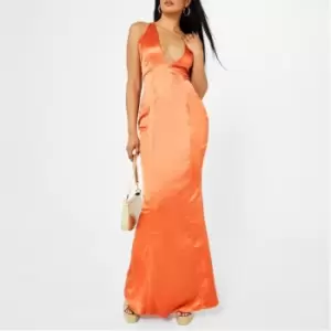 Image of Missguided Plunge Neck Satin Fishtail Maxi Dress - Orange