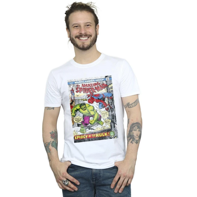 Image of Marvel Marvel Men Spider-Man VS Hulk Cover T-Shirt in White Size: Small White S Male 5063153428416