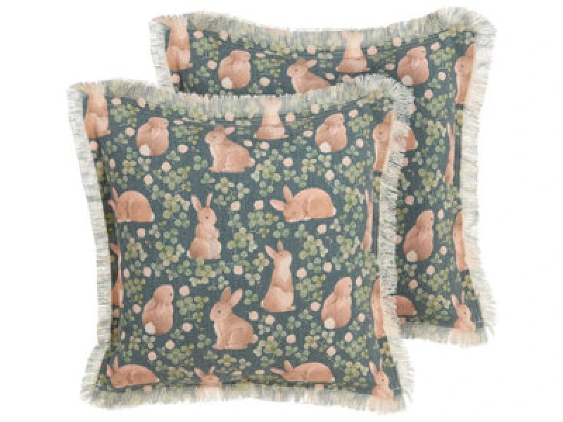 Image of Beliani Set Of 2 Decorative Cushions Alstroemeria Cotton 45 X 45cm Green Animal Pattern