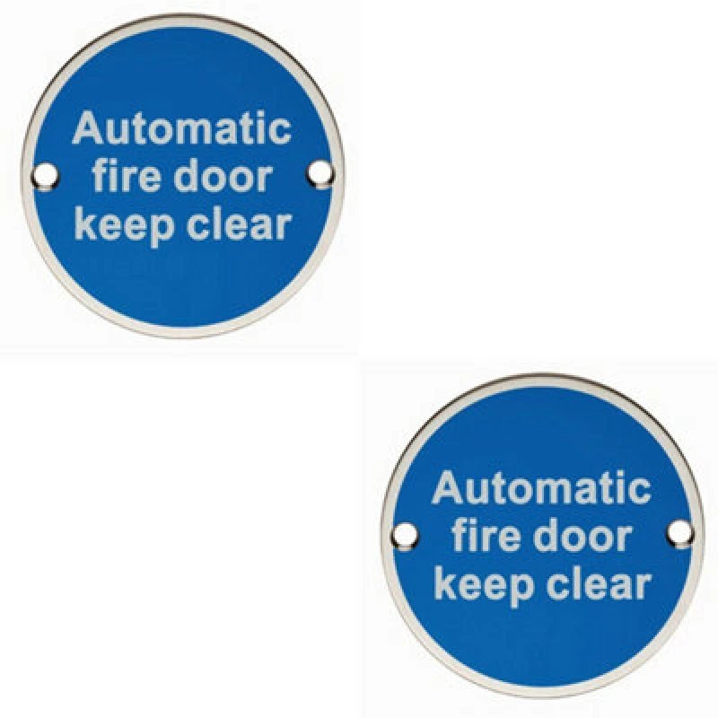 Image of Loops 2x Automatic Fire Door Keep Clear Plaque 76mm Diameter Satin Stainless Steel Metallics