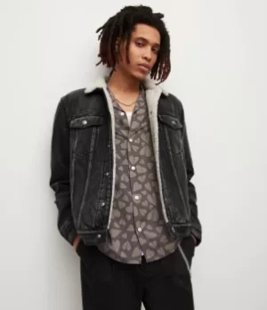 Image of AllSaints Mens Fern Denim Jacket, Washed Black, Size: M