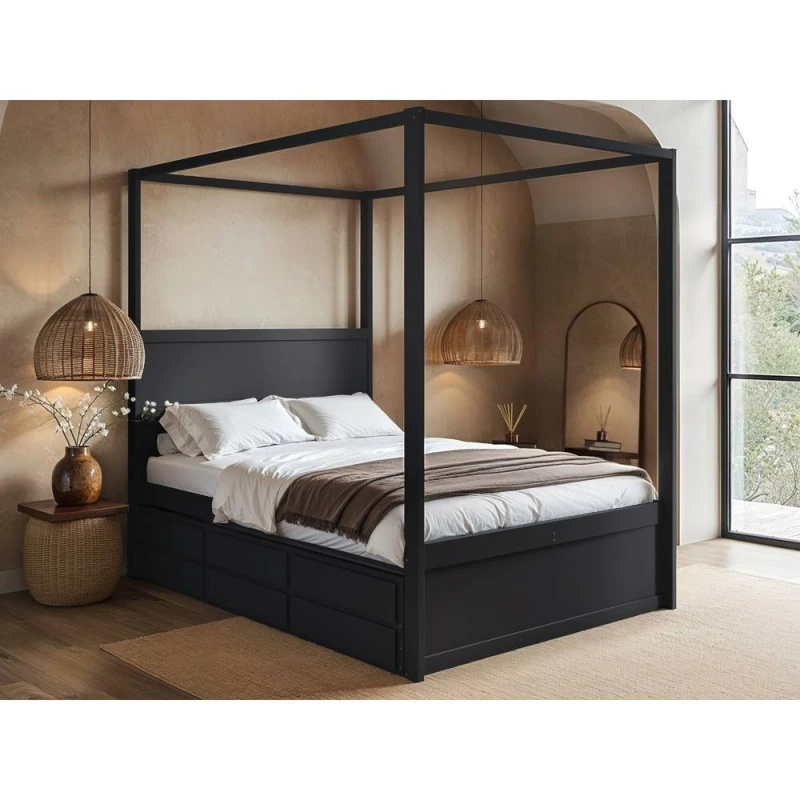 Image of Flair Maddy 4 Poster Canopy Double Bed with Trundle & Storage Black Unisex Double