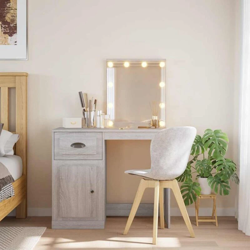 Image of vidaXL Dressing Table with LED Lights Grey Sonoma 90x42x132.5 cm, Brown 834976