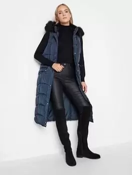 Image of Long Tall Sally Navy Faux Fur Trim Midi Gilet, Blue, Size 10, Women