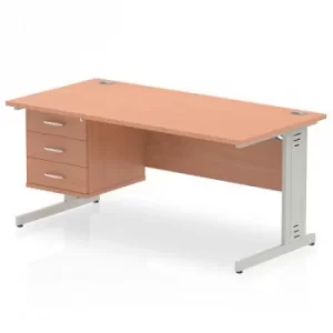 Image of Impulse 1600 Rectangle Silver Cable Managed Leg Desk Beech 1 x 3 Drawer Fixed Ped