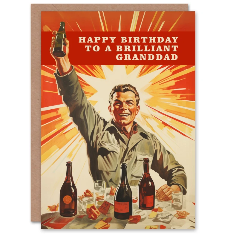 Image of Artery8 Happy Birthday Card to a Brilliant Granddad Retro 1950's Style Beer Wine Lover Red male