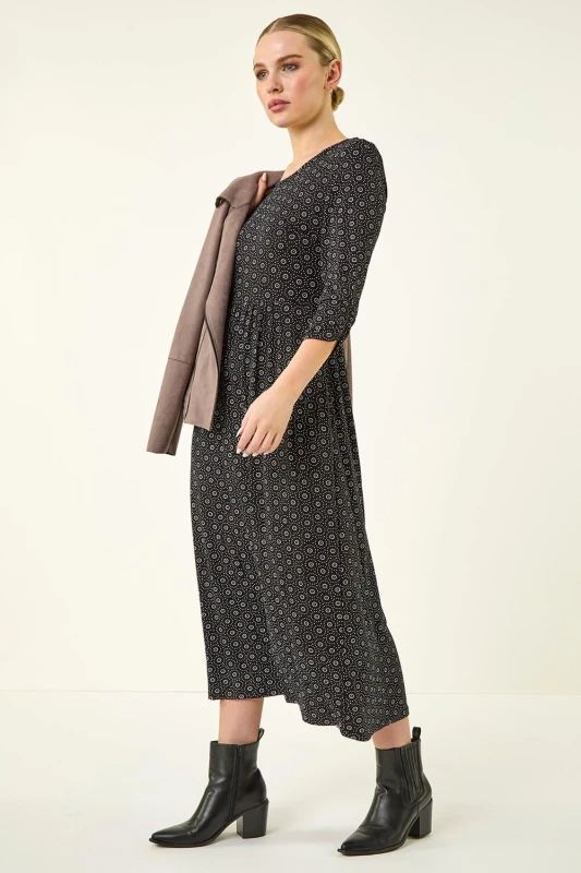 Image of Roman Petite Spot Pocket Stretch Ruched Midi Dress Black female