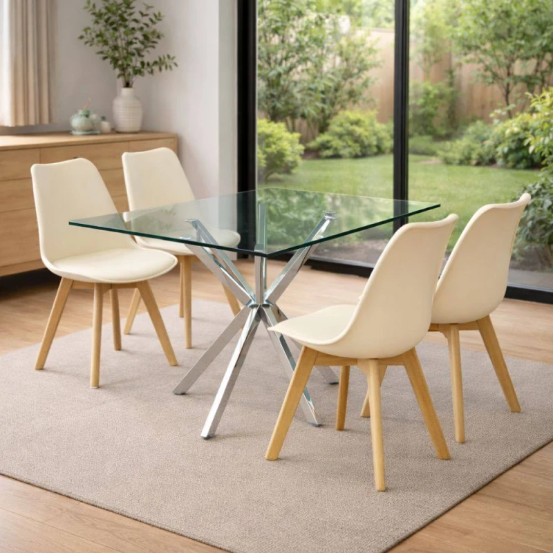 Image of Kosy Koala Modern Rectangle Glass Dining Table Set With 4 Cream Plastic Chairs Dining Room Furniture