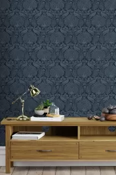 Image of Laura Ashley Peacock Damask Wallpaper - Blue