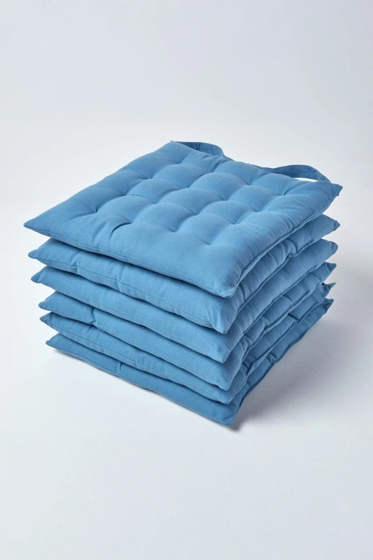 Image of Homescapes 6 Pack Seat Pads Luxury 100% Cotton Indoor Outdoor Garden Cushion, 40cm in Blue Size: 40cm x 40cm Blue Unisex 40cm x 40 cm