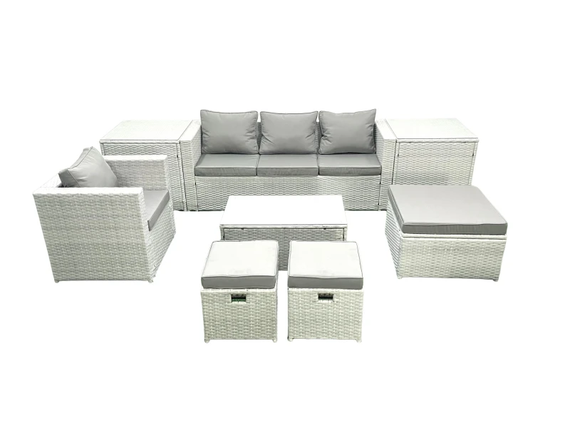Image of Fimous 8 Pieces Rattan Garden Furniture Set Outdoor Garden Sofa Chair Coffee Table Set with 2 Side Tables 3 Footstools Light Grey Mixed Light Grey
