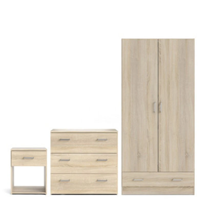 Image of Furniture To Go Space Package - Bedside 1 Drawer + Chest Of 3 Drawers + Wardrobe With 2 Doors + 1 Drawer In Oak