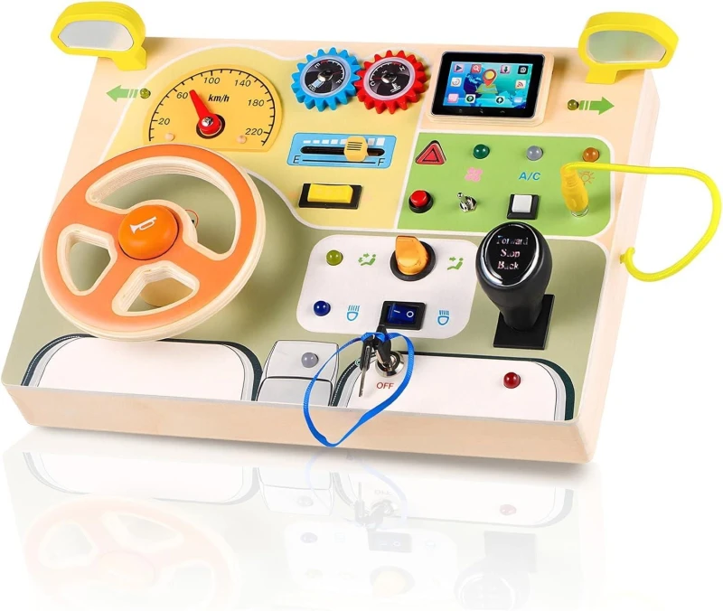 Image of Dyzi Wooden Car Driving Steering Wheel Switch Montessori Busy Board Sensory Toy Beige