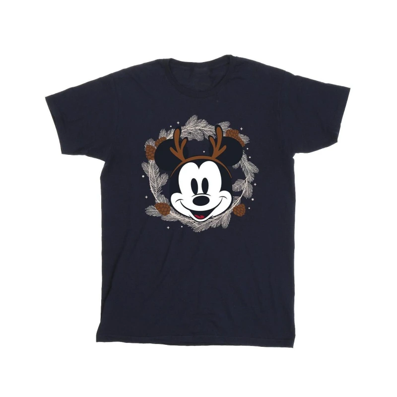 Image of Disney Men Mickey Mouse Reindeer Wreath Cotton T-Shirt in Navy Size: Small Navy S Male 5063376840910