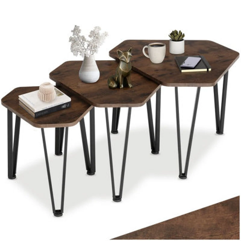 Image of Tectake Coffee Table Torquay - 3 Nesting Tables, Industrial Style - Industrial Wood Dark, Rustic