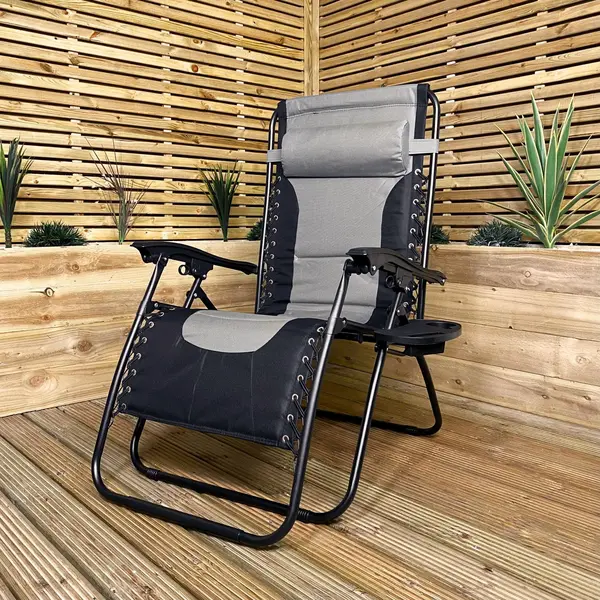Image of Luxury Padded Multi Position Zero Gravity Garden Relaxer Chair Lounger in Grey & Black