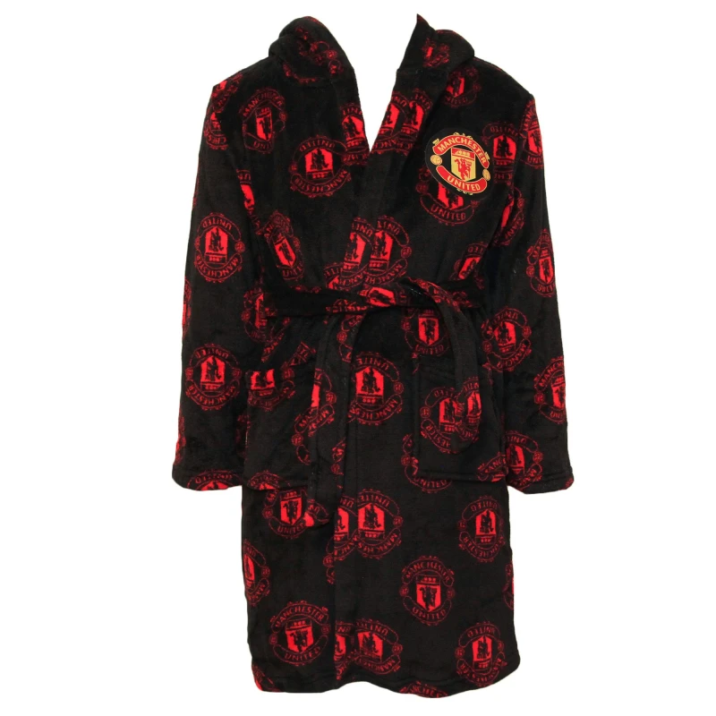 Image of Manchester United FC Dressing Gown in Black Size: 5-6 Years Black Unisex 5-6 Years