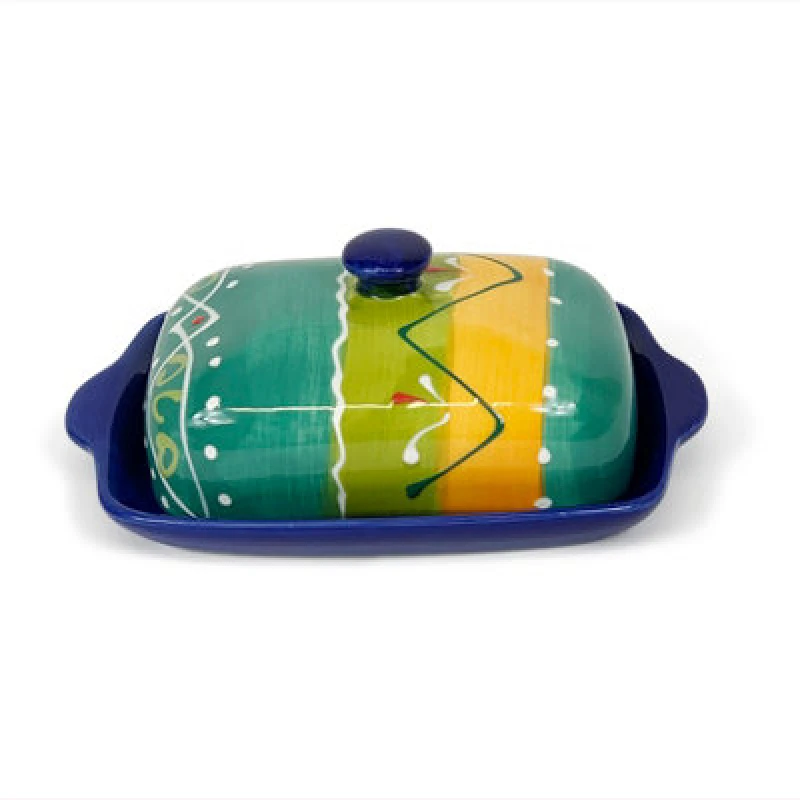 Image of Verano Spanish Ceramics Classic Spanish Hand Painted Kitchen Dining Butter Dish 19Cm L X 12Cm W (Internal 4Cm H) Orange/green