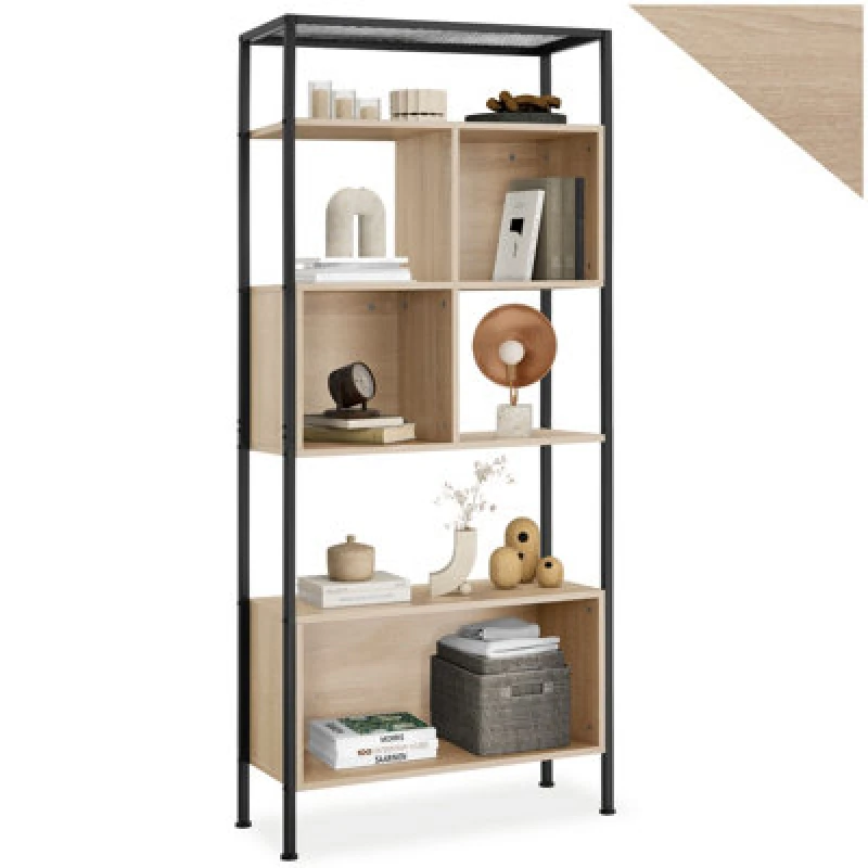 Image of Tectake Free Standing Shelf Hastings - With 5 Tiers & 3 Storage Compartments - Industrial Wood Light, Oak Sonoma