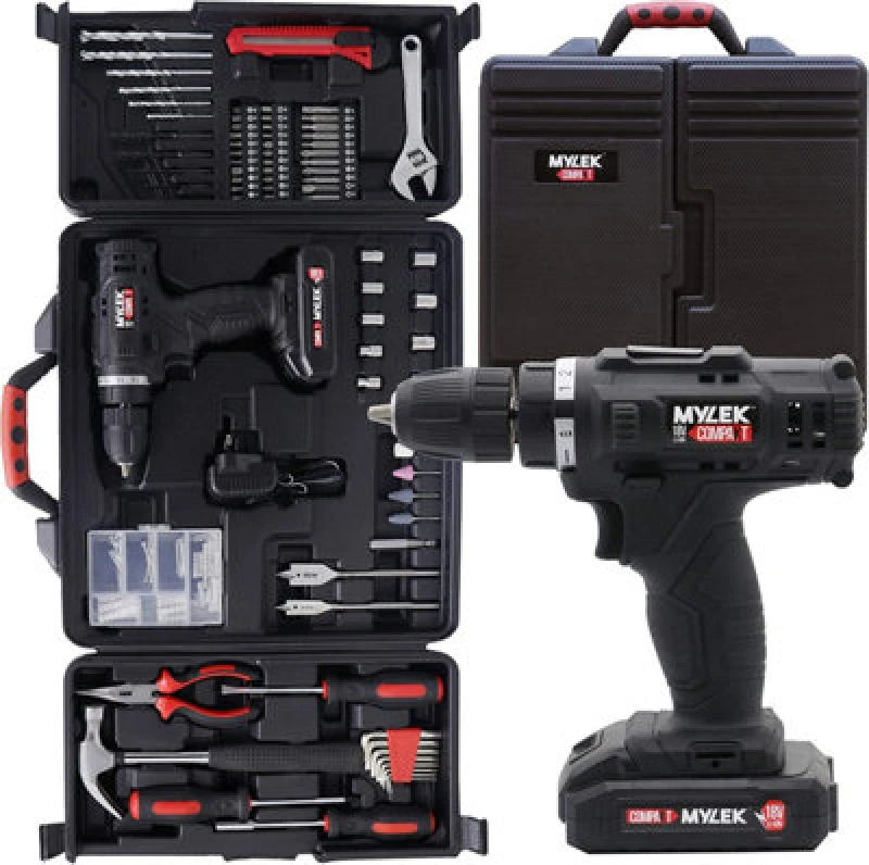 Image of Mylek 18V Cordless Li-Ion Drill And 130 Piece Diy Home Kit With Carry Case