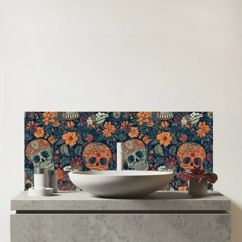 Image of Warren Reed - Designer Dia De Los Muertos Skulls Glass Bathroom Splashback in Orange Orange Unisex